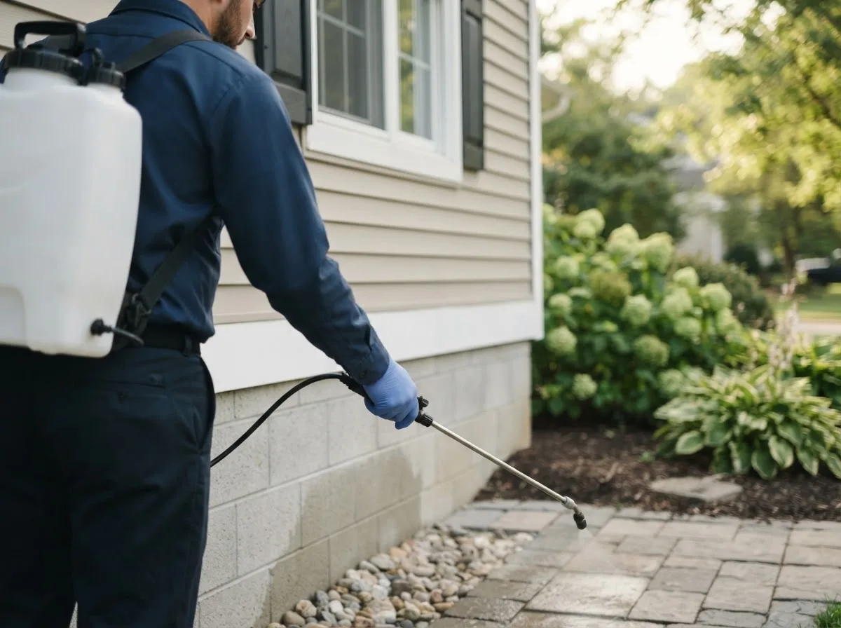 Pest control technician inspecting a home in Clendenin, WV